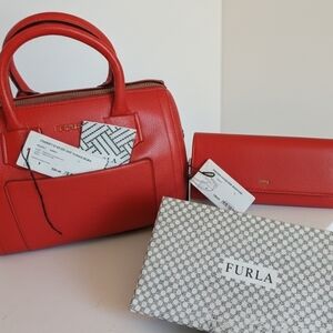 NWT Furla Vibrant Red Satchel Bag With Matching Wallet